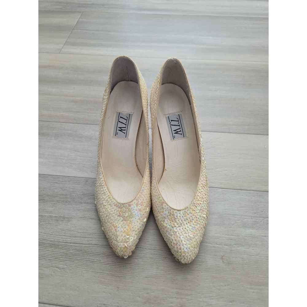 Vintage‎ TJW Ivory Hollywood Style Holographic Sequins 3" Heels Sz 6 Unique Prop